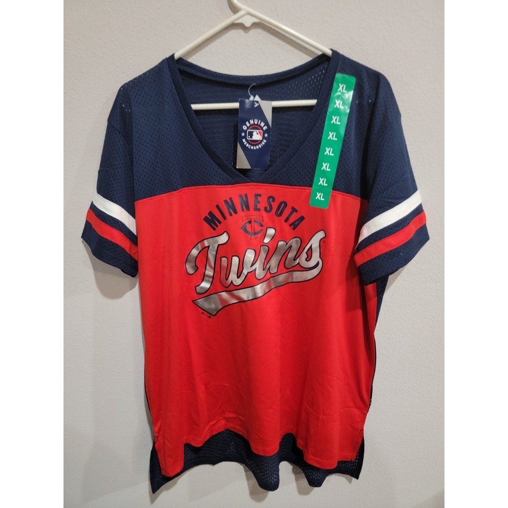 Minnesota Twins Red/Blue V-Neck Short Sleeve Jersey Woman's Size XL NWOT